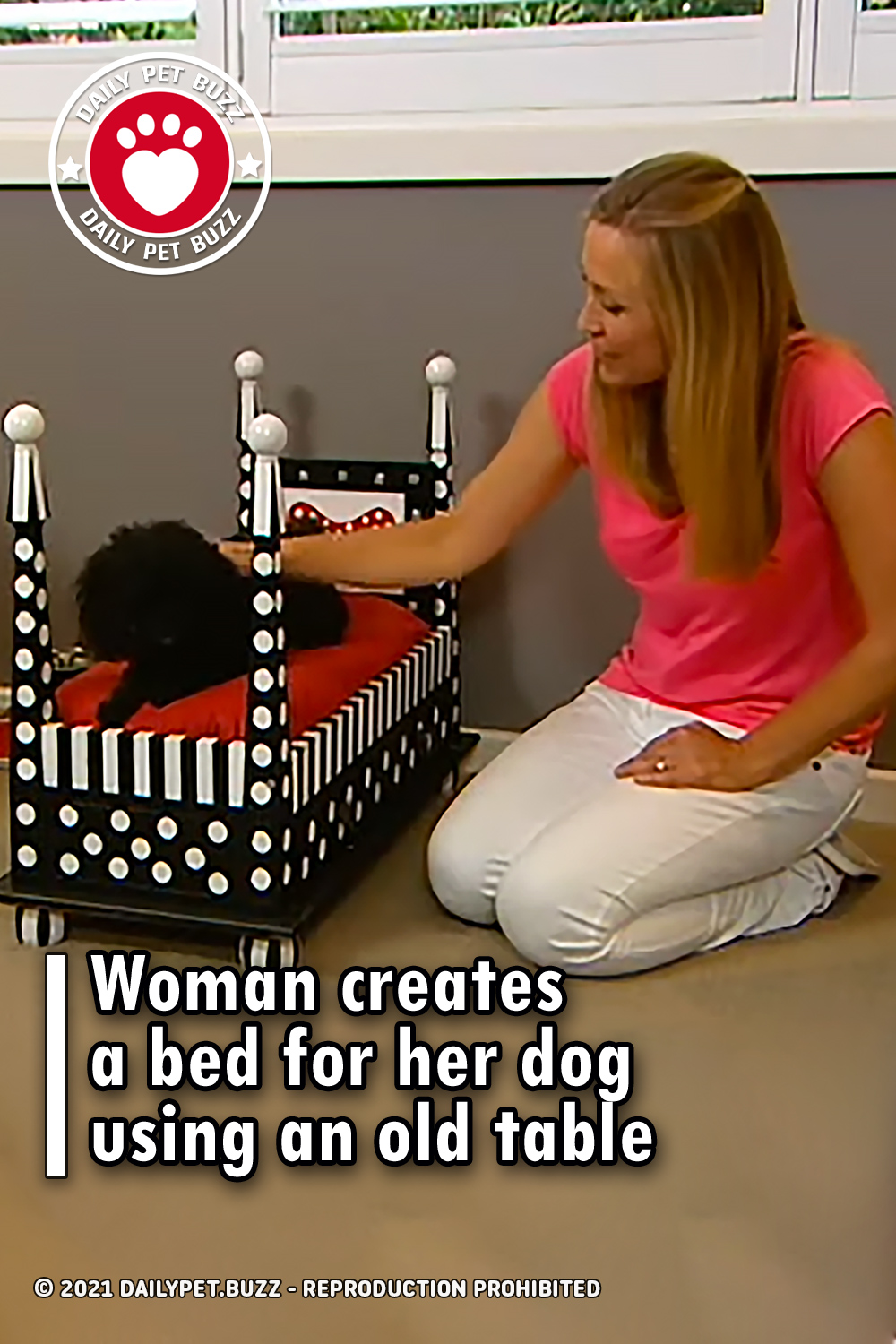 Woman creates a bed for her dog using an old table