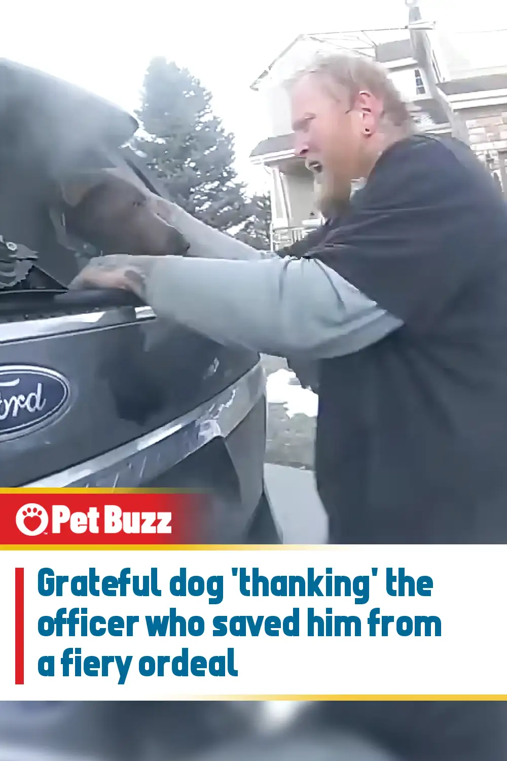 Grateful dog \'thanking\' the officer who saved him from a fiery ordeal